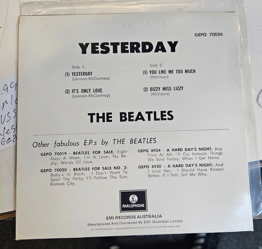 The Beatles Yesterday Parlophone EMI Gepo 70026 Australia VG+VG+ Used 7" Record1
