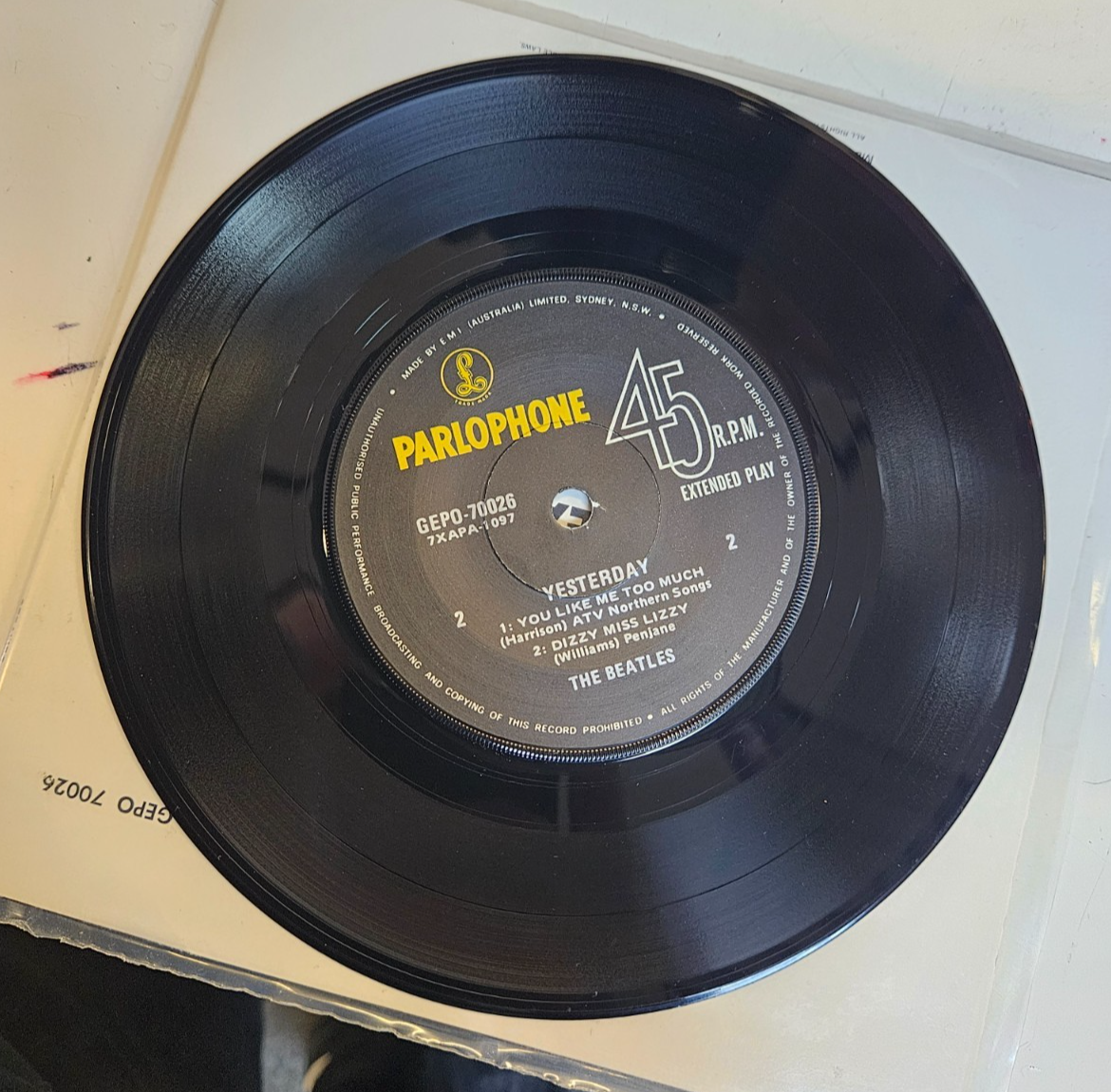 The Beatles Yesterday Parlophone EMI Gepo 70026 Australia VG+VG+ Used 7" Record3