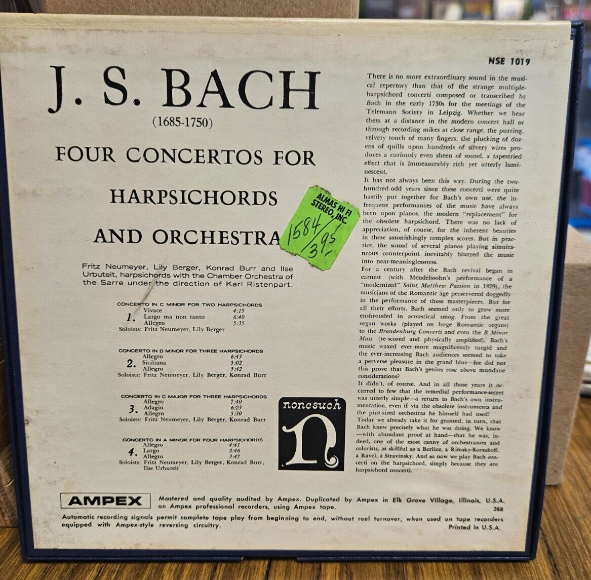 J.S. Bach Four Concertos For Harpsichords Nonesuch 7.5inch Reel Used VG1