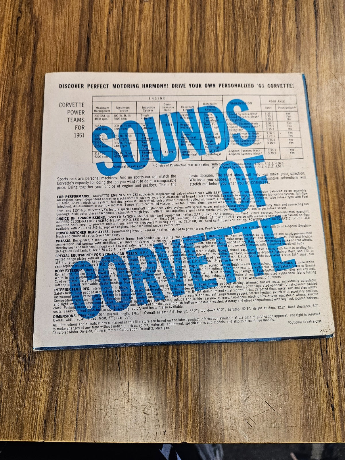 SOUNDS OF CORVETTE 1961 USED 7" BY CHEVROLET  AMERICA'S SPORTS CAR VG+ VG RECORD1